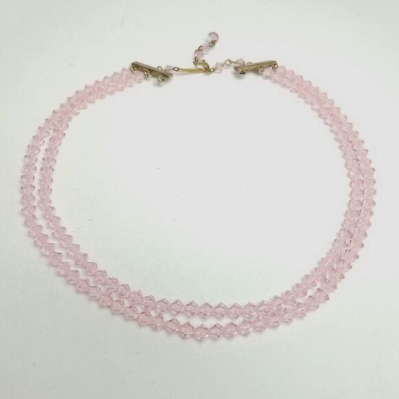 Vintage Pastel Pink Two Strand Beaded Necklace, Adjustable, Retro 60s Style - Picture 1 of 5